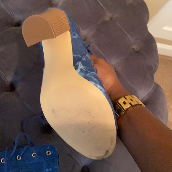 Denim Lace up block heel booties - Picture 3 of 5